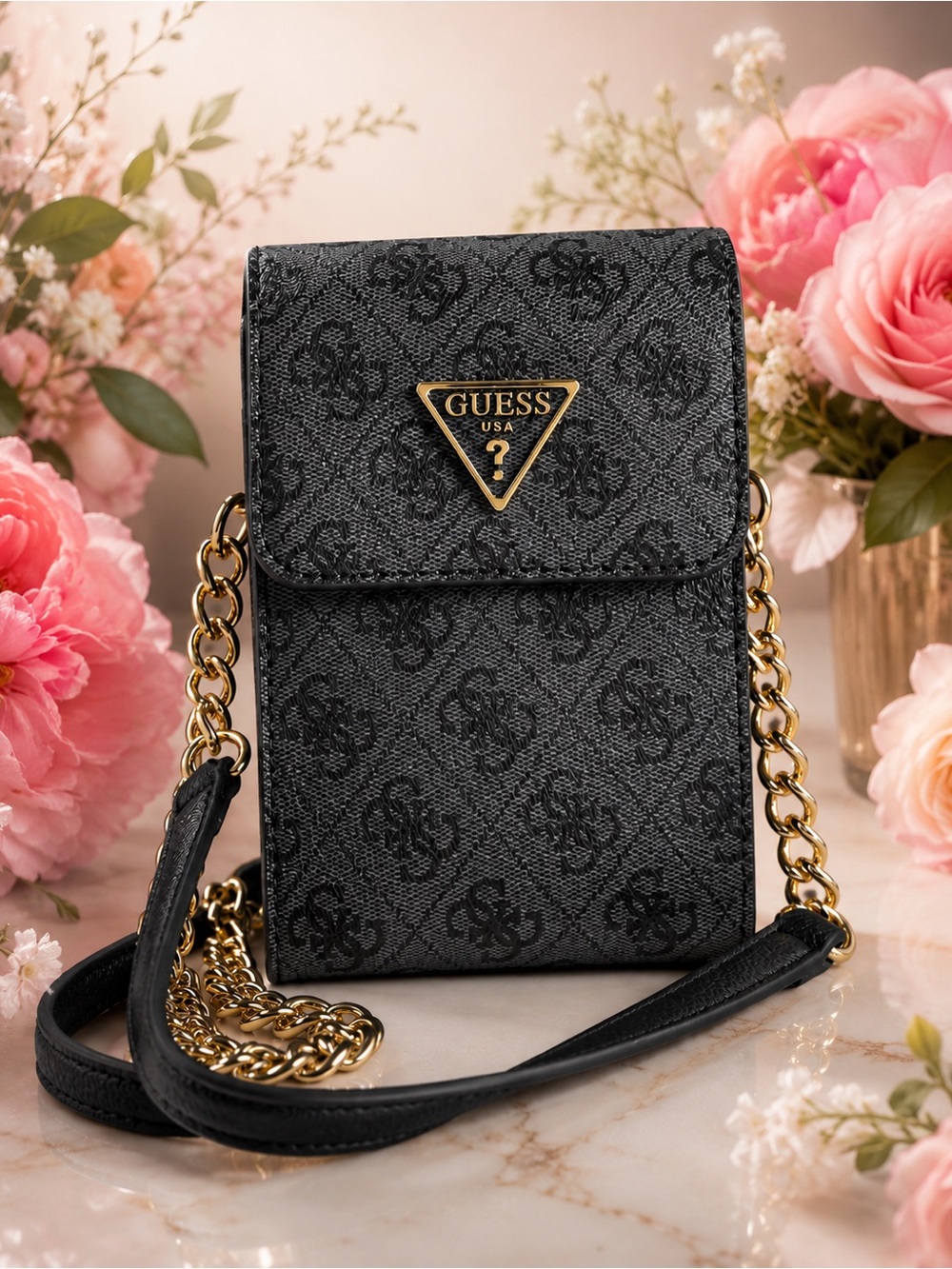 GUESS Black Logo-Print Crossbody with Gold Chain NWOT